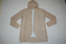 Womens Sweater BEIGE WHITE CARDIGAN Oversized, Long HOODED Open Front L 12-14