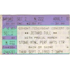 JETHRO TULL & PROCOL HARUM Concert Ticket Stub STOWE VT 9/2/93 PERFORMING ARTS