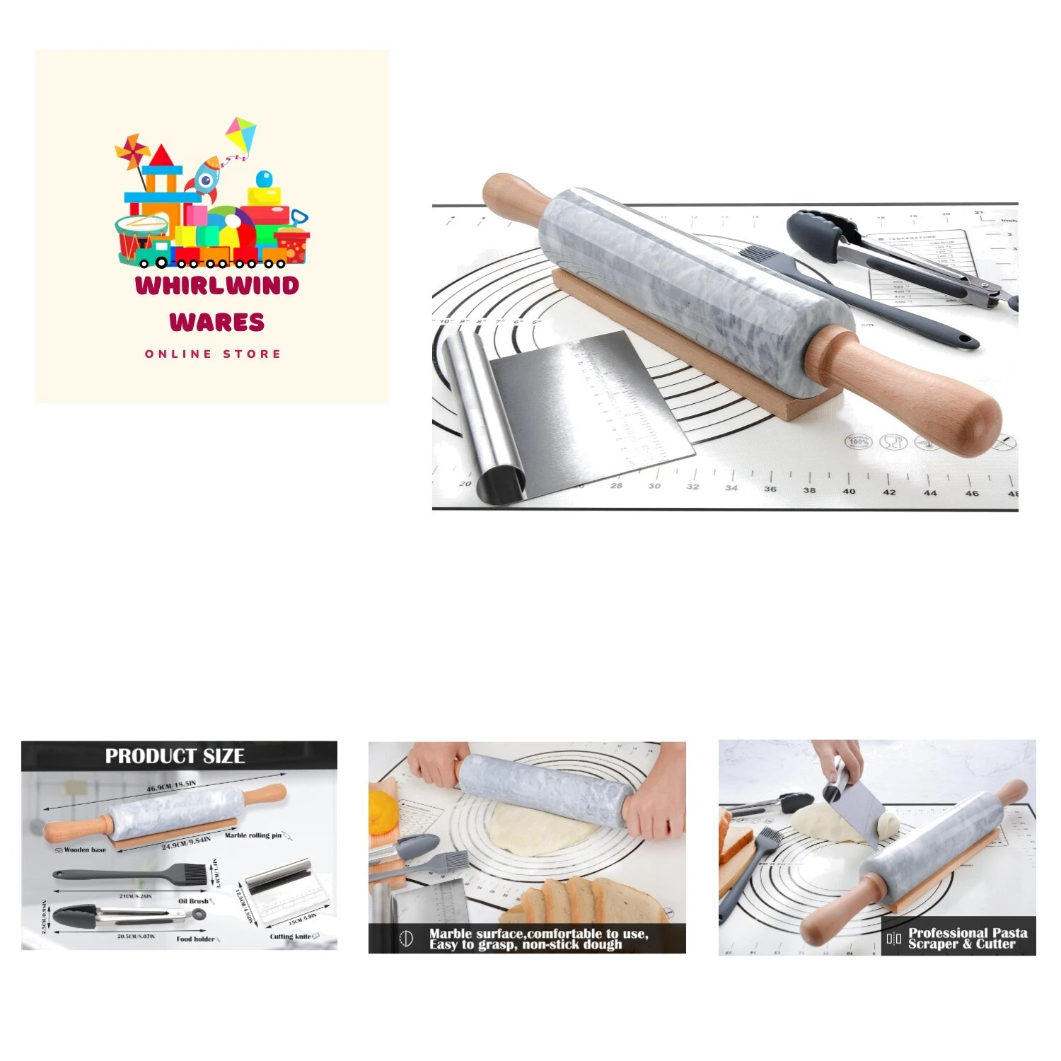 Handcrafted Marble 18.5" Rolling Pin Set with Non-Stick Finish & Accessories