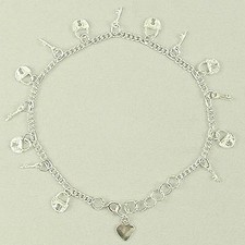 Sterling Silver - 10 Inch Lock and Key Charm Anklet (AK059)