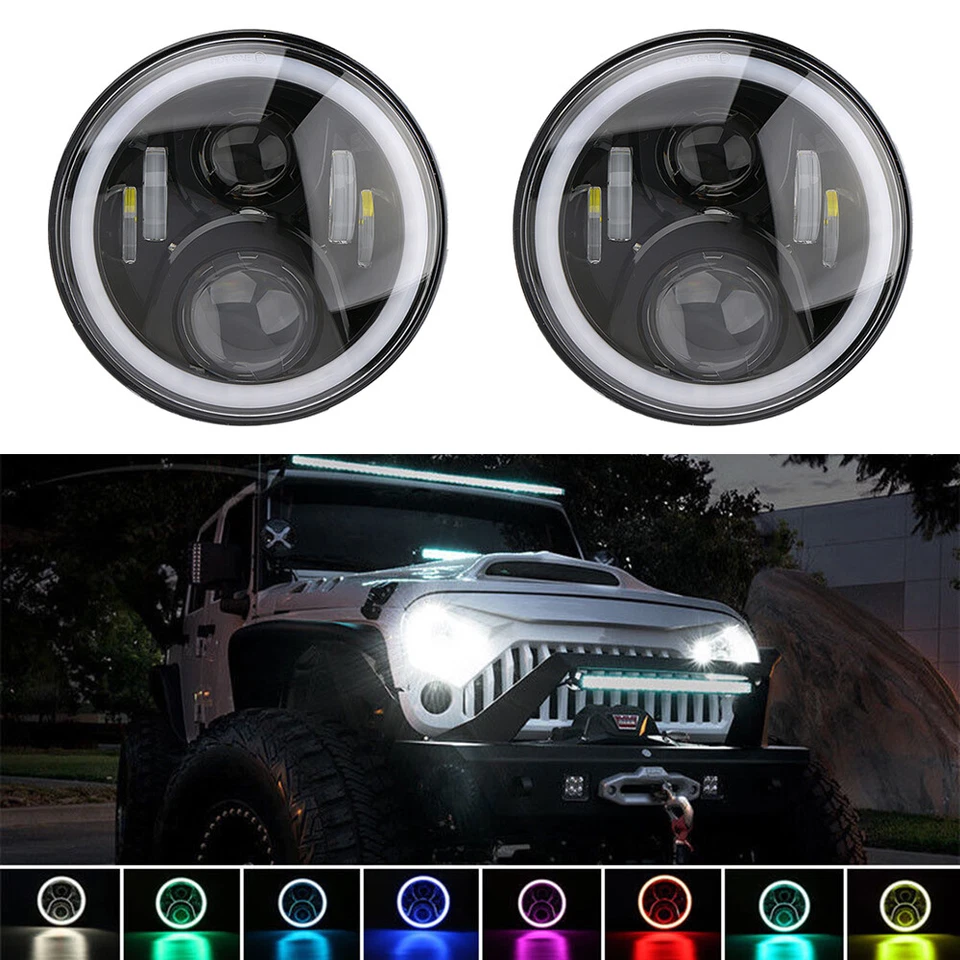 Paar 7 Zoll Led Scheinwerfer Mit RGB Halo Winkel Augen Für Jeep Wrangler JK - Bild 2 von 4