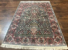 Silk Indian Kashmiri Rug 4x6 Tree of Life Birds Fine 290 KPSI Navy Blue Red