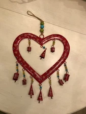 Folk Art Large Painted Hanging Heart with Beads & Bells..13” X 14”