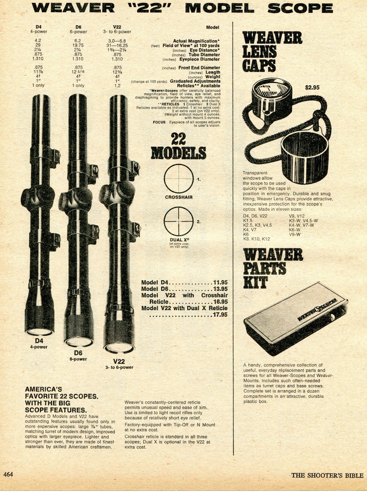 1975 Print Ad of Weaver 22 Model Rifle Scope D4 D6 V22 lens caps