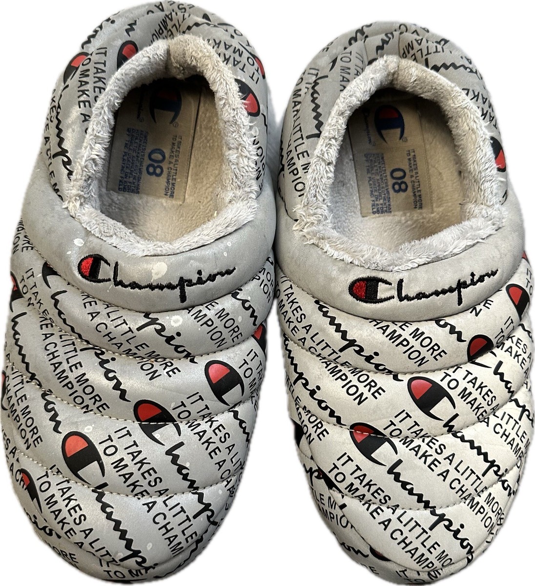 CHAMPION LOGO VARSITY MEN'S PUFFER SLIPPERS WHITE SIZE SLIP ON