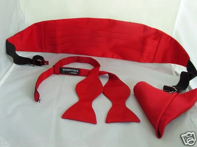 ESSENTIALS BY MANUEL RED Mens Self-tie Polyester Bow tie + Cummerbund and Hankie Set + Instructions