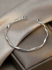 Silver Twist Bangle With Beaded Ends Adjustable Minimalist Bracelet For Women