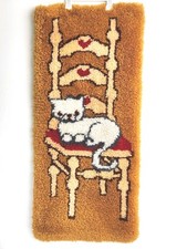 Latch Hook Rug Cat Lady Chair Textile Wall Art Vtg 1970s MCM Decor Cottage Core