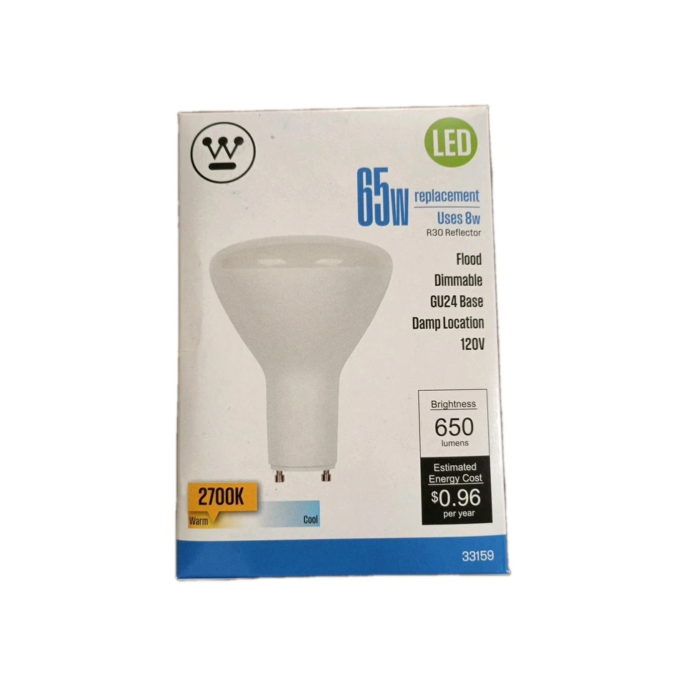 2x Westinghouse R30 Dimmable LED Bulbs Soft White 65W Eq 8W GU24 Base 3315900 - Image 2 of 4
