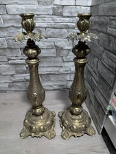 READ Large 16" Pair Of Vtg Cambridge Ornate Brass Metal Candle Stick Holder