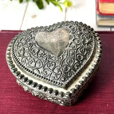 VTG Antique Silver Tone Heart Trinket Box Ornate Metal Scroll Lined Jewelry Box