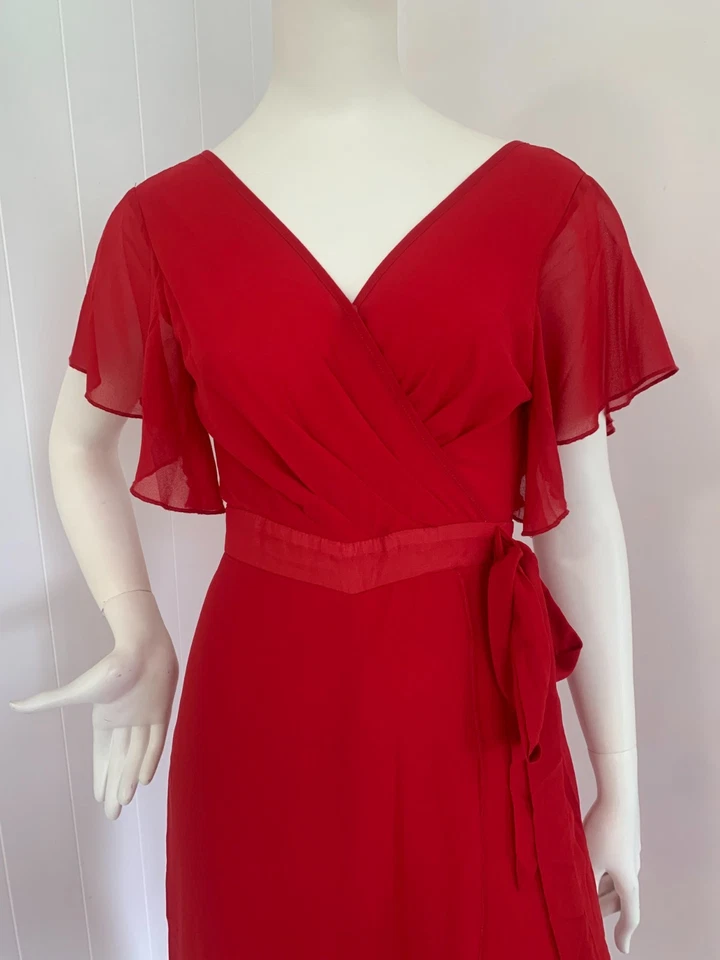 CHERRY RED JUMPSUIT full length CHIFFON flutter sleeve 8 10 Wrap high waist flar - image 2 of 4