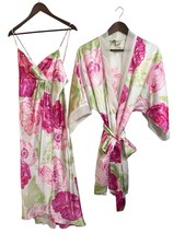 Vtg NATORI Saks Fifth Ave Satin Floral Nightgown  Robe Set Sz Medium