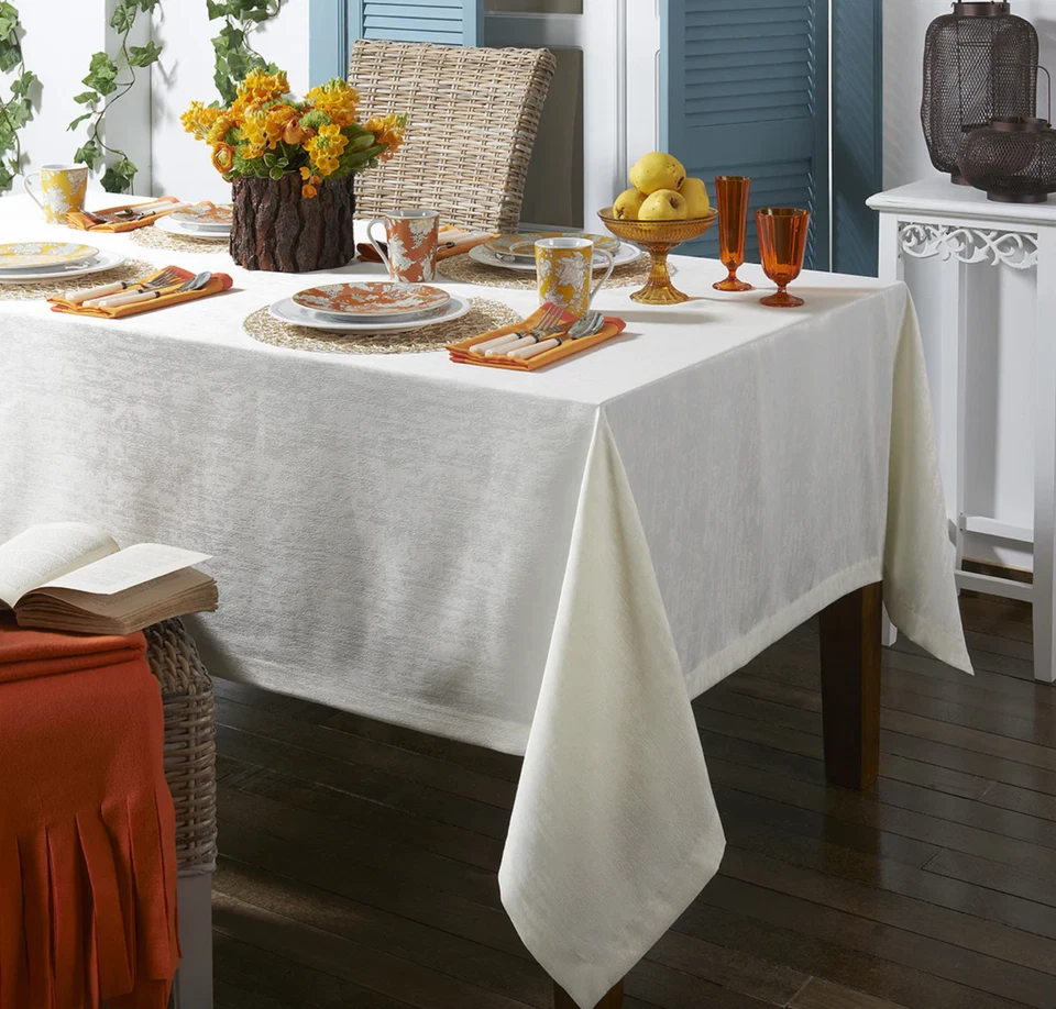 MODE LIVING LISBON WHITE JACQUARD OBLONG TABLECLOTH 66" x 144" STAIN PROOF NEW - Image 2 of 4
