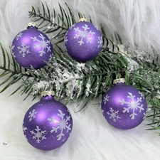 Rauch Glass Christmas Ornaments Purple White Snowflakes USA 2 5/8" Set of 4