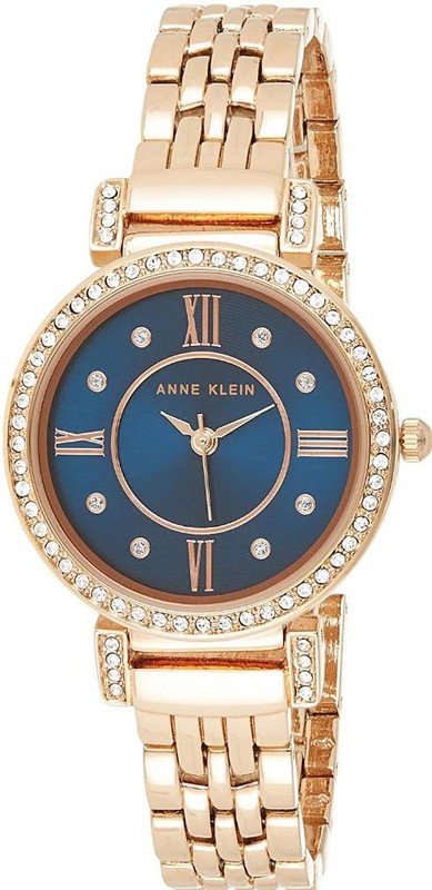 Anne Klein AK/2928G Women Rose Gold Tone Blue Dial Crystals Roman Numeral Watch
