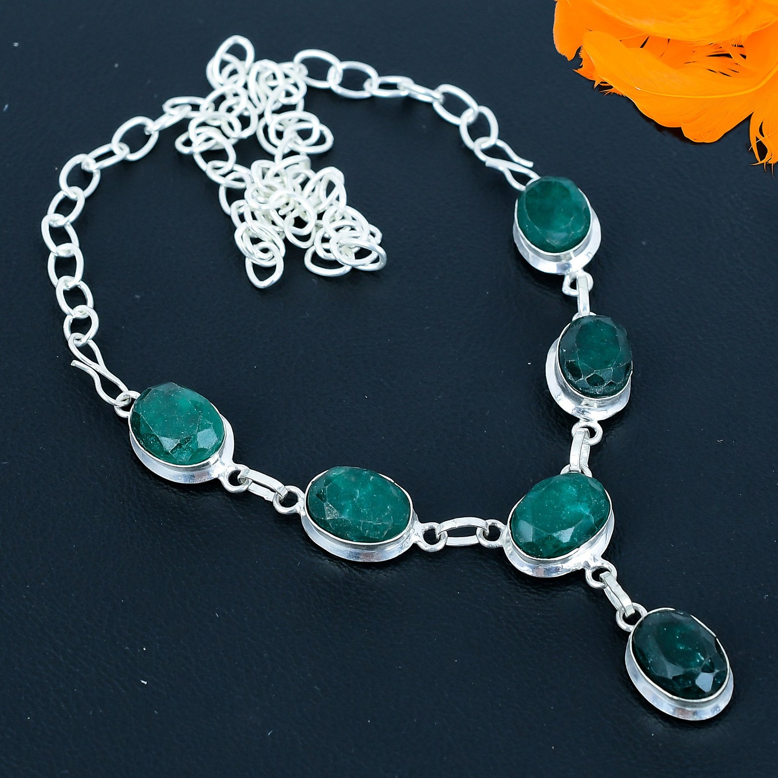 Emerald Gemstone Handmade 925 Sterling Silver Jewelry Necklace 18