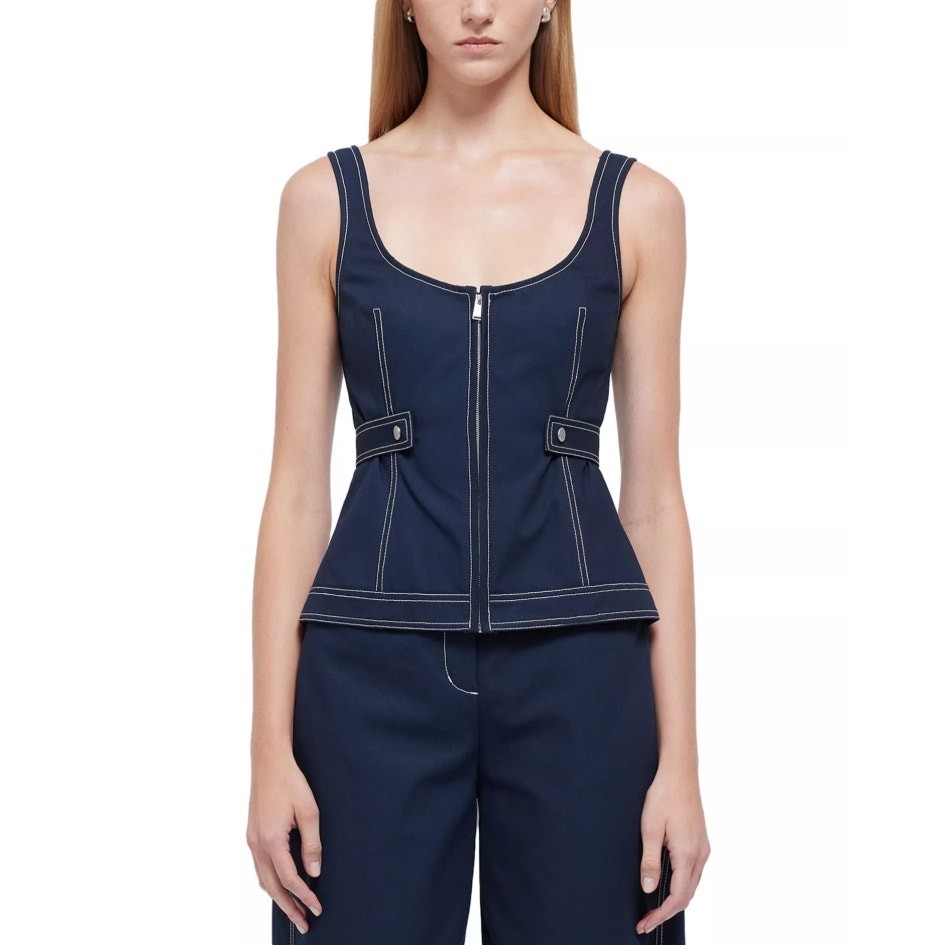 Simkhai Women Blue Contrast Seams Cotton Dolce Casual Sleeveless Zip Top Size 10