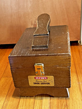 Kiwi Shoe Server Wood Box Lot - Brushes and Used Polish Tins with Wood Shine Box