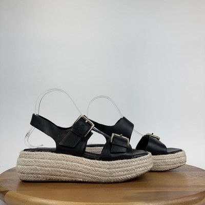 Womens Nordstrom Vila Black Leather Espadrille Platform Sandals Size 6 M EUC