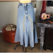 Jeanology Collection 1980s Cotton Denim Maxi Skirt Sequin Applique Newport News