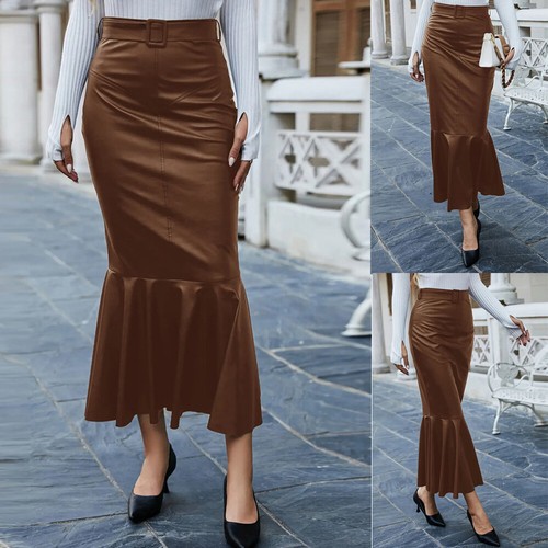 Dubai Women PU Long Skirt High Waist Fishtail Skirts w/ Belt Islamic Dress Gown - Picture 1 of 24