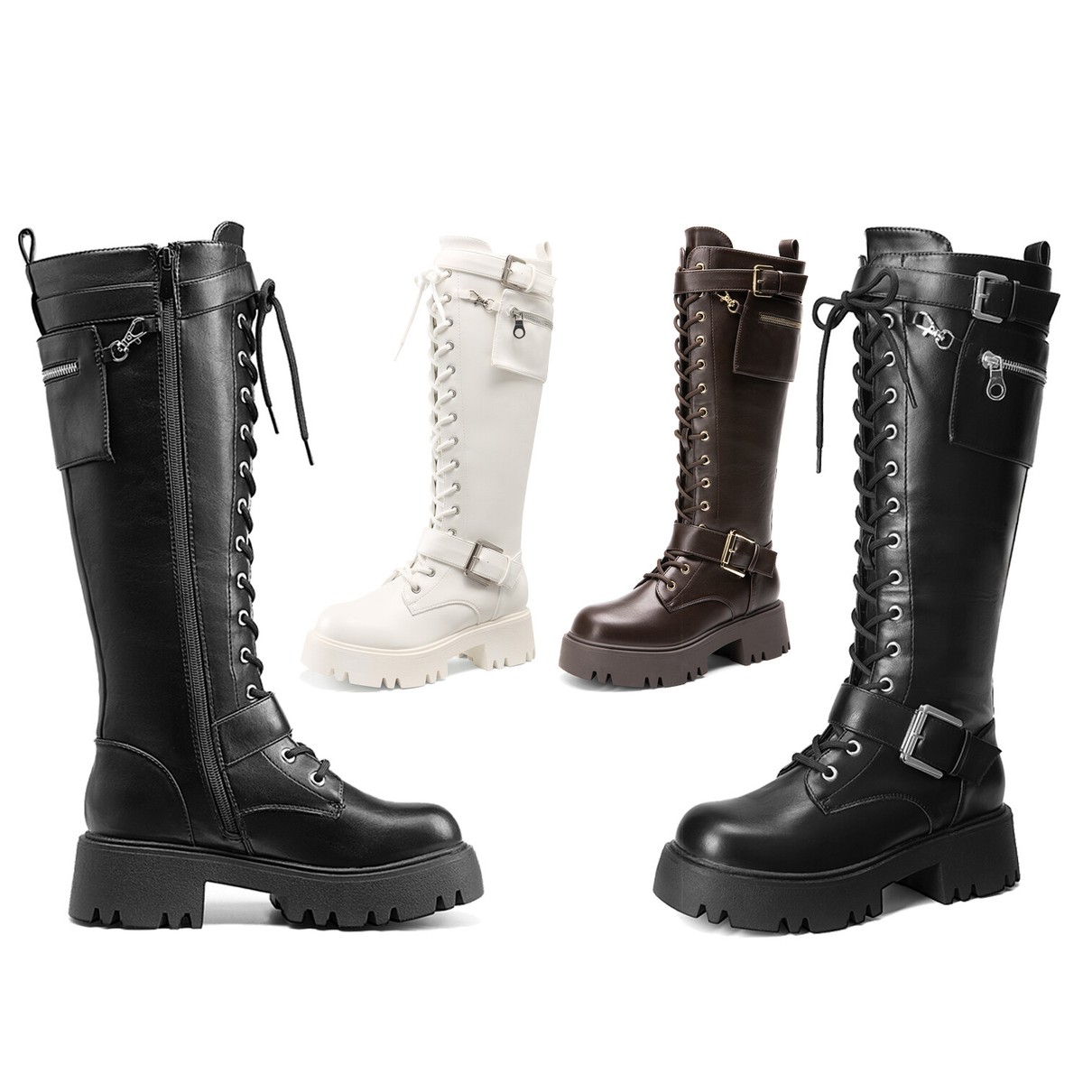 Women Knee High Boots Combat Lace Up Fall Lug Sole Gothic