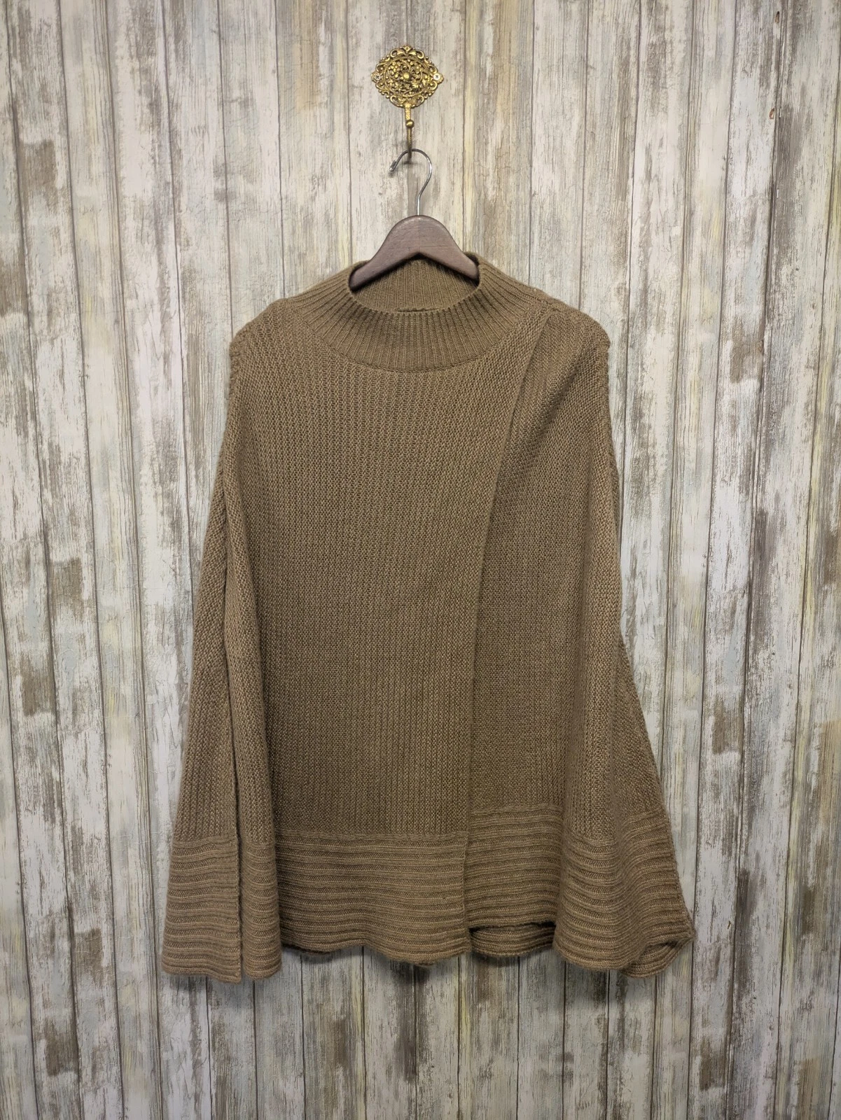 Lauren Ralph Lauren Tan Wool Blend Poncho Cape Draped Sweater Old Money Size S/M