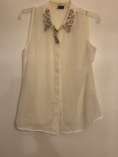 Women Sparkle & Fade Urban Outfitters Cream Rhinestone Collared Tunic Blouse Med