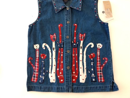 LIFE STYLE Vest Women's S Blue Denim Embroidered Cats Applique Button Western - Picture 5 of 15