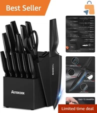Essential Black Kitchen Knife Set - 15 Pieces with Ergonomic Handles & Sharpener