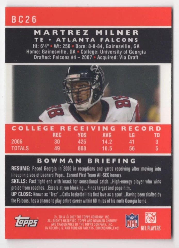 2007 BOWMAN CHROME ROOKIE Martrez Milner Rookie Atlanta Falcons #BC26 - Image 2 of 2