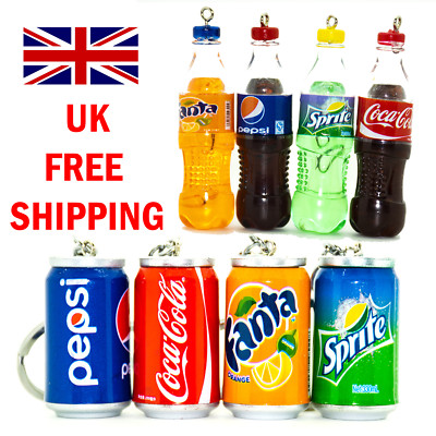 Neuheit Mini kohlensäurehaltiges Getränk Soda Pop Dose Flasche Schlüsselanhänger Cola Pepsi Fanta Sprite UK