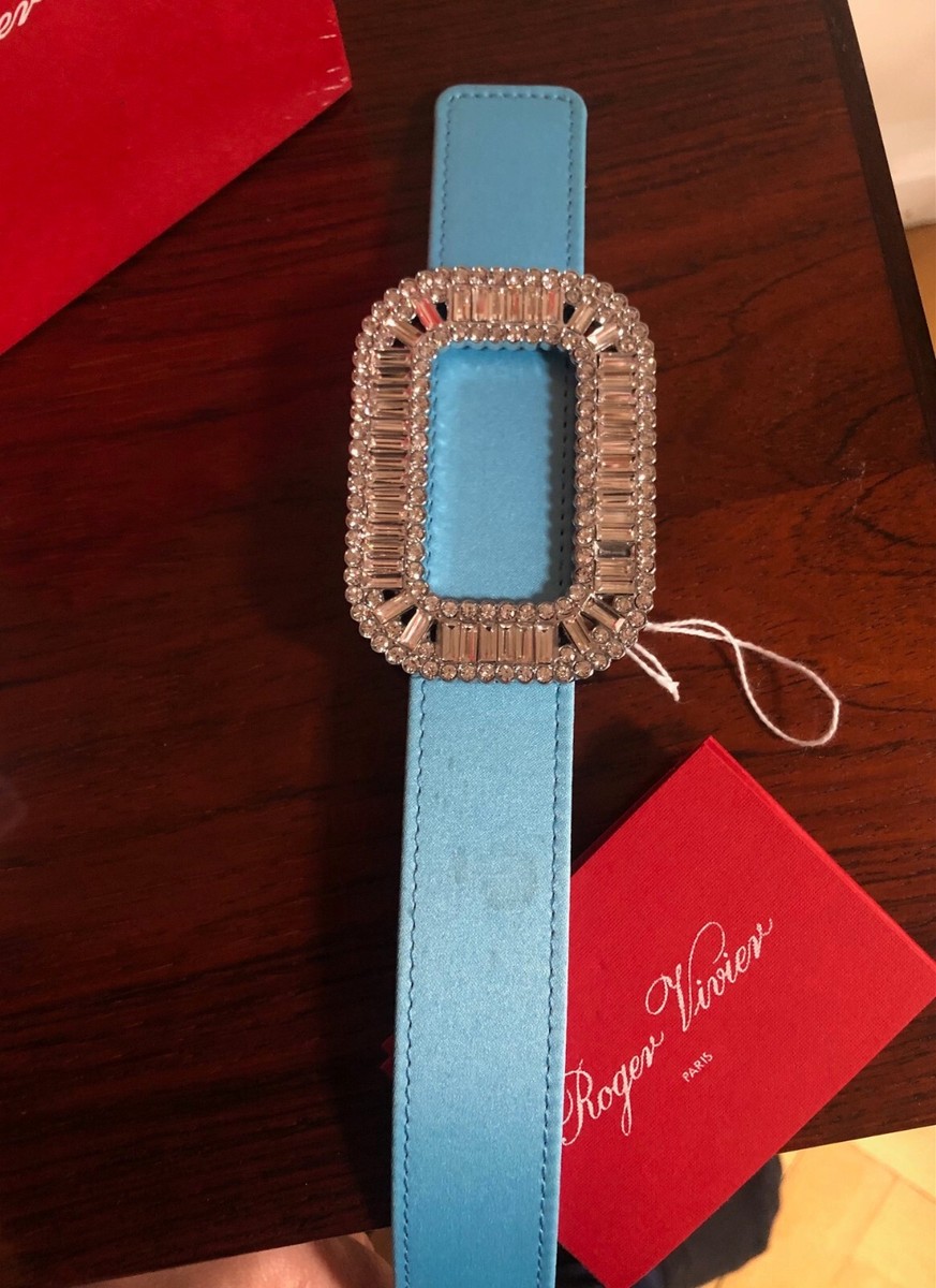 Roger Vivier Pilgrim Crystal Buckle Blue Satin and Lether