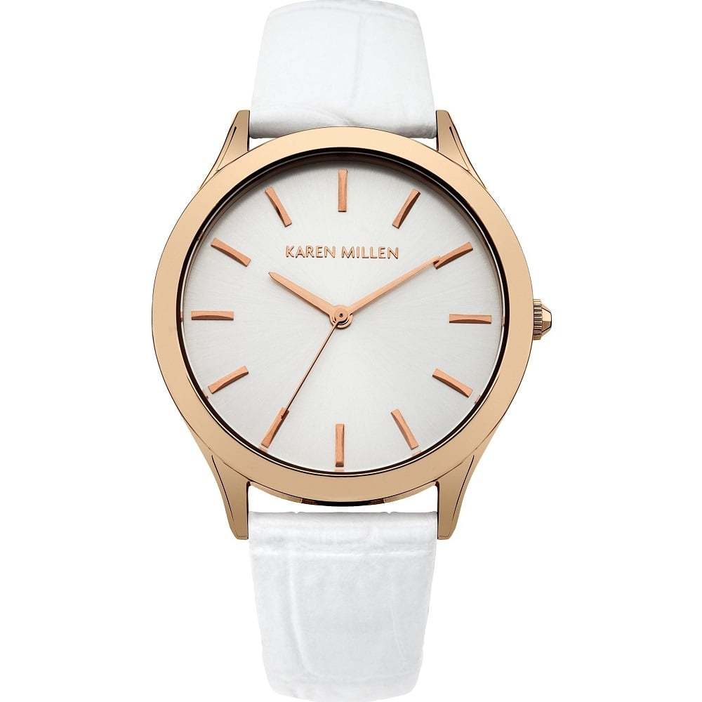 Karen Millen Silver Dial White Leather Strap Ladies Watch KM106WRGA