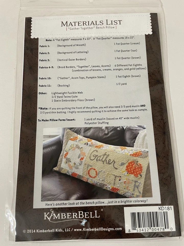 Kimberbell Gather Together Bench Pillow Cover Autumn Fall Quilt Sewing Pattern - Image 4 of 4