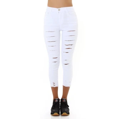 Damen Jeans Skinny Capri Jeanshose Used Look High Waist 7/8 Lang Weiß 38 / M - Bild 1 von 4