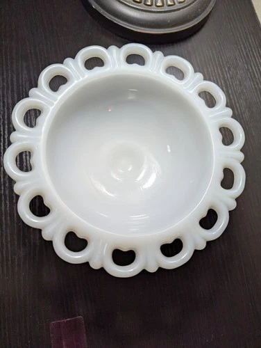 White Milk Glass Scalloped Open Lace Edge Pedestal Candy Dish by Anchor Hocking