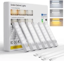 Rechargeable Motion Sensor Under Cabinet LED Lights, Dimmable, 6-Pack