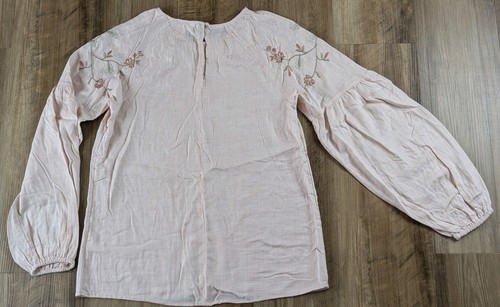 Women's LC Lauren Conrad Embroidered Balloon Sleeve Popover Top Peach/Pink Sz M - Picture 3 of 11