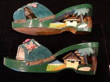 Vntg Phillipines Hand Carved Wooden Wedge Mules "Bakya" Clogs Souvenir Shoe