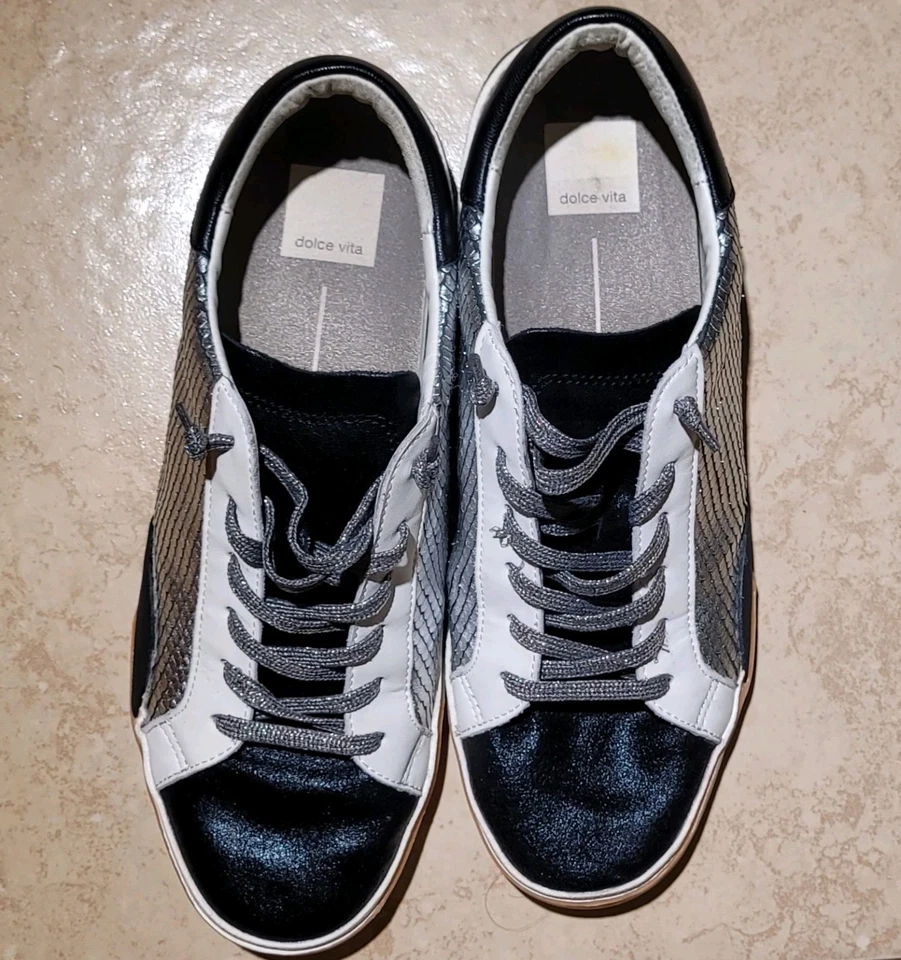 Dolce Vita Zina Tenis de Cuero Estampado de Serpiente Mercurio Zapatos Negro Plata Talla 10 Foto 2 de 4