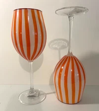 Set of 2 Cabana Orange Striped Wine Goblet Glasses 9.5" NEW