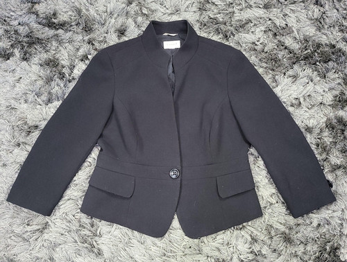 Talbots Blazer Jacket Womens 14P Black Petite Stretch Lined Career Button Pocket