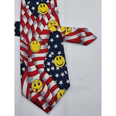 Deborah Hand Made Men American Flag Smiley Face Patriotic Necktie Red White Blue