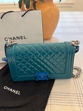 Authentic CHANEL Medium Boy Bag Blue Patent Leather Plexiglass CC Flap