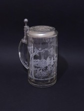 QqWSKx - Glas Bierkrug mit Engel Zinn Deckel - Hirsch Rehe - Jagd - Vintage