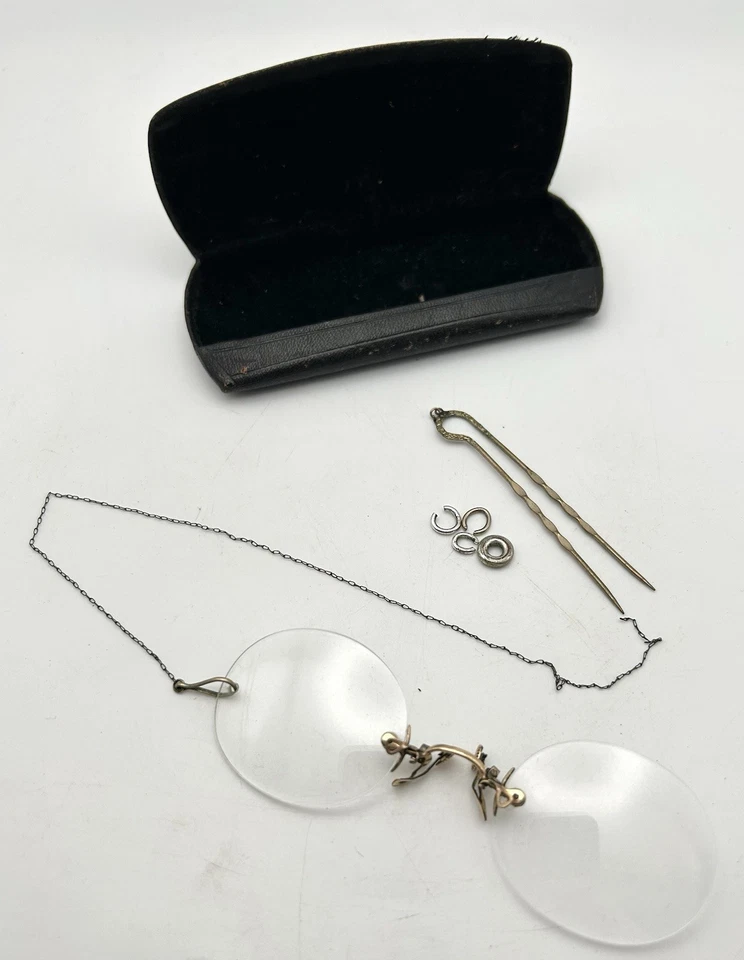 Antique Eyeglasses Gold Filled Rimless Nose Pinch w/ Hairpin Case NEEDS REPAIR - Image 2 of 4