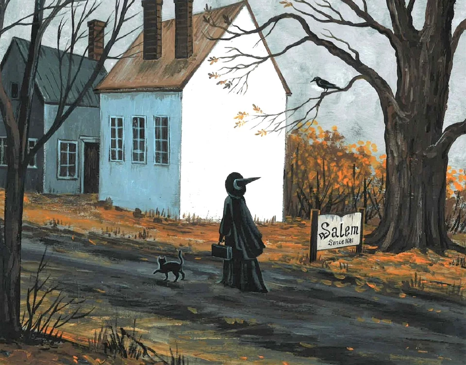 8x10 PRINT OF PAINTING RYTA HALLOWEEN SALEM WITCH HOUSE BLACK CAT Folk Art Fall