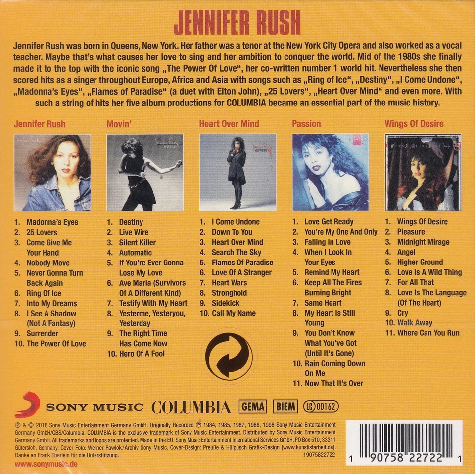 Jennifer Rush / Movin’, Heart Over Mind, Passion, Wings Of Desire ua(5 CDs,OVP) - Bild 2 von 2